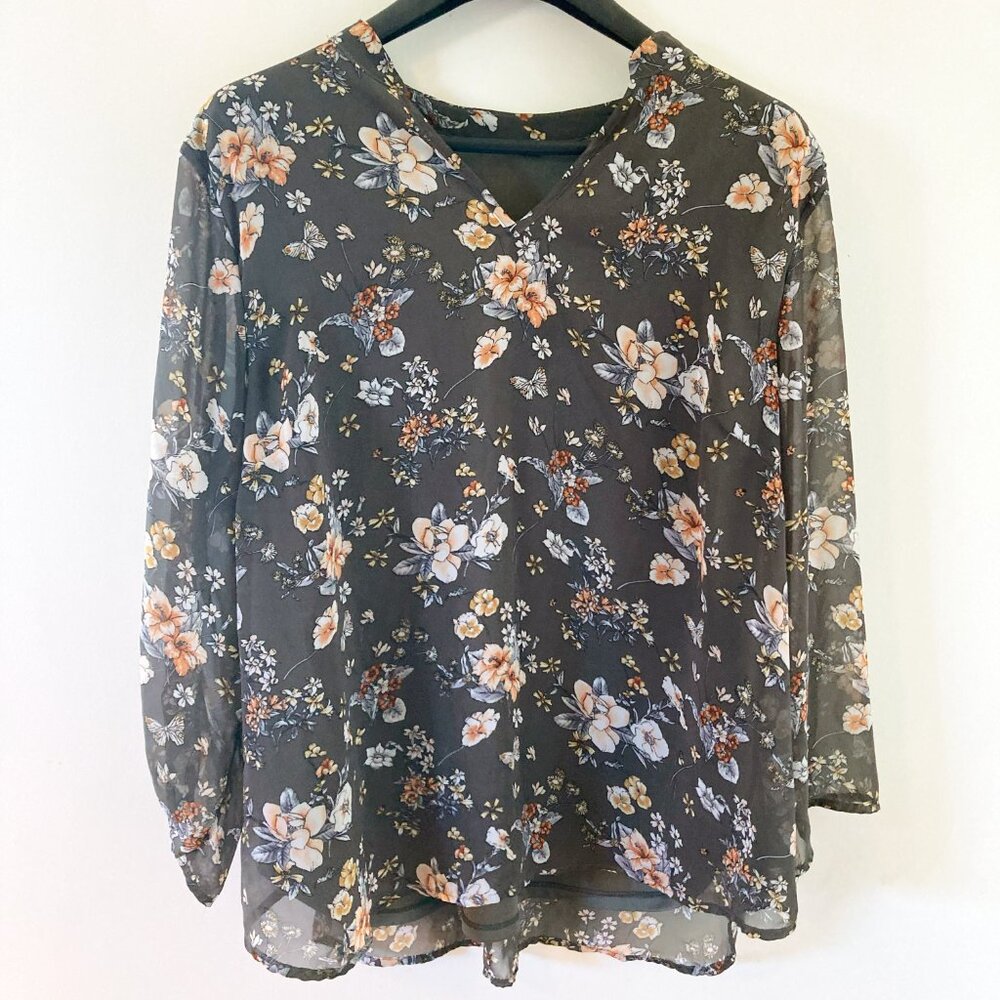 Sheer Papermoon 2XL Gray and Coral floral shirt with Butterflies Blue Tan Gold